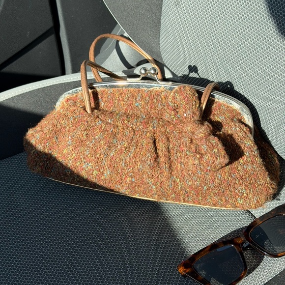 Wool Tweed Brown Ruched Frame Handbag - Picture 5 of 6
